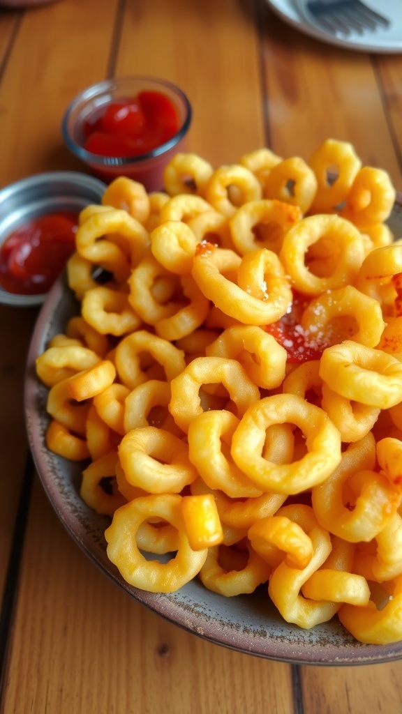 A plate of crispy curly fries with a side of ketchup on a wooden table.